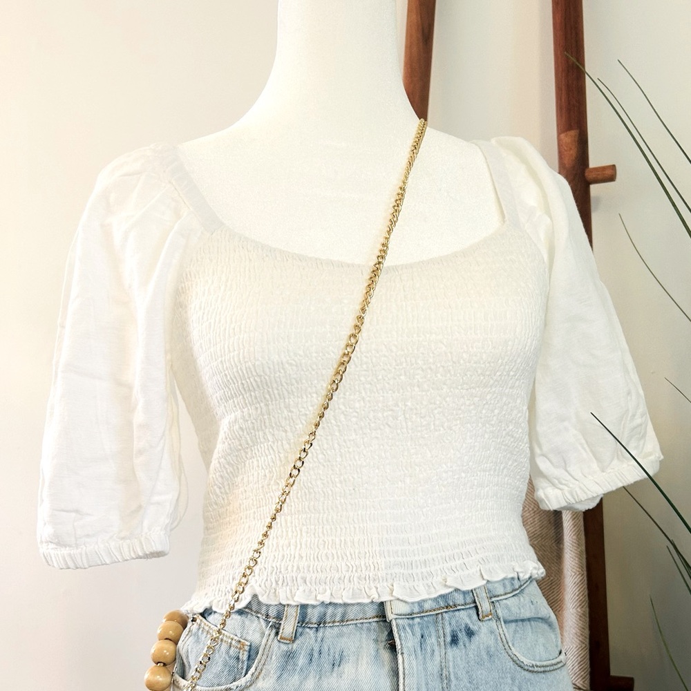 Embroidery Puff Sleeve Shirred Top (Birch White)